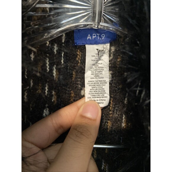 Apt 9 Women's Sweater Knit Shawl Coat Wrap One Size Black Brown White Fur Collar - Picture 3 of 4